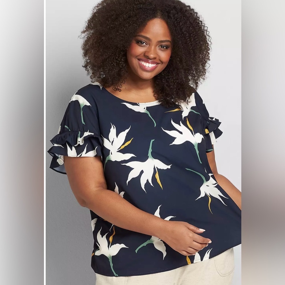 Lane Bryant Catalina Floral Blue Flutter Sleeve Top 18